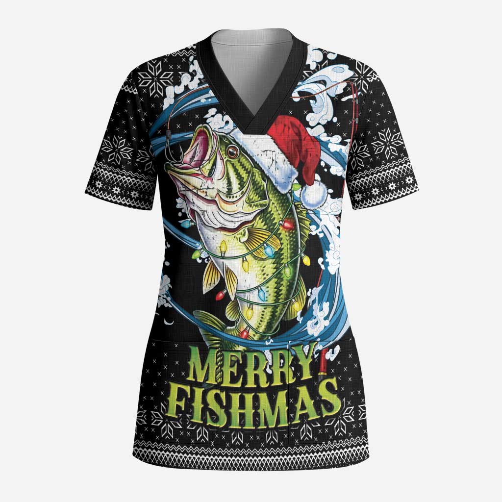 Funny Fishmas Bass Scrub Top Fish Santa Hat Christmas Vibes - Wonder Print Shop