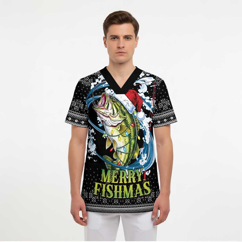 Funny Fishmas Bass Scrub Top Fish Santa Hat Christmas Vibes - Wonder Print Shop