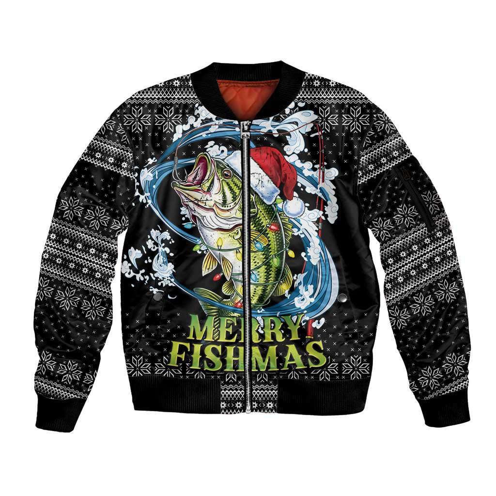 Funny Fishmas Bass Sleeve Zip Bomber Jacket Fish Santa Hat Christmas Vibes - Wonder Print Shop