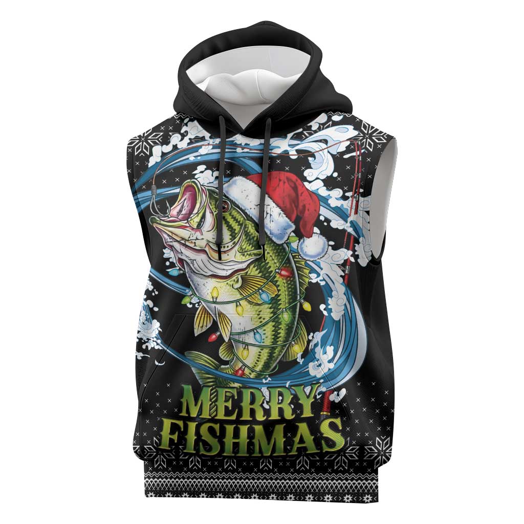 Funny Fishmas Bass Sleeveless Hoodie Fish Santa Hat Christmas Vibes - Wonder Print Shop