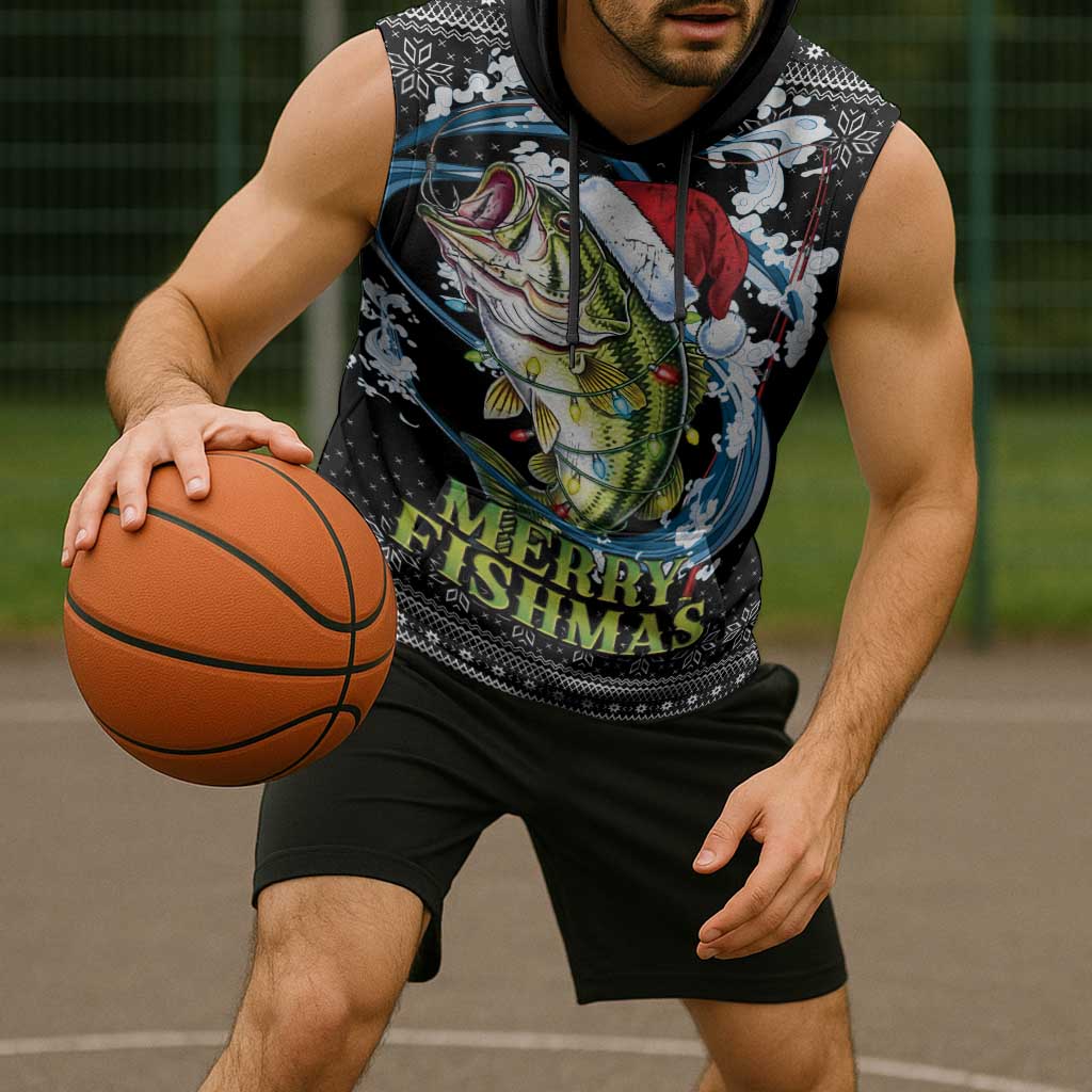 Funny Fishmas Bass Sleeveless Hoodie Fish Santa Hat Christmas Vibes - Wonder Print Shop