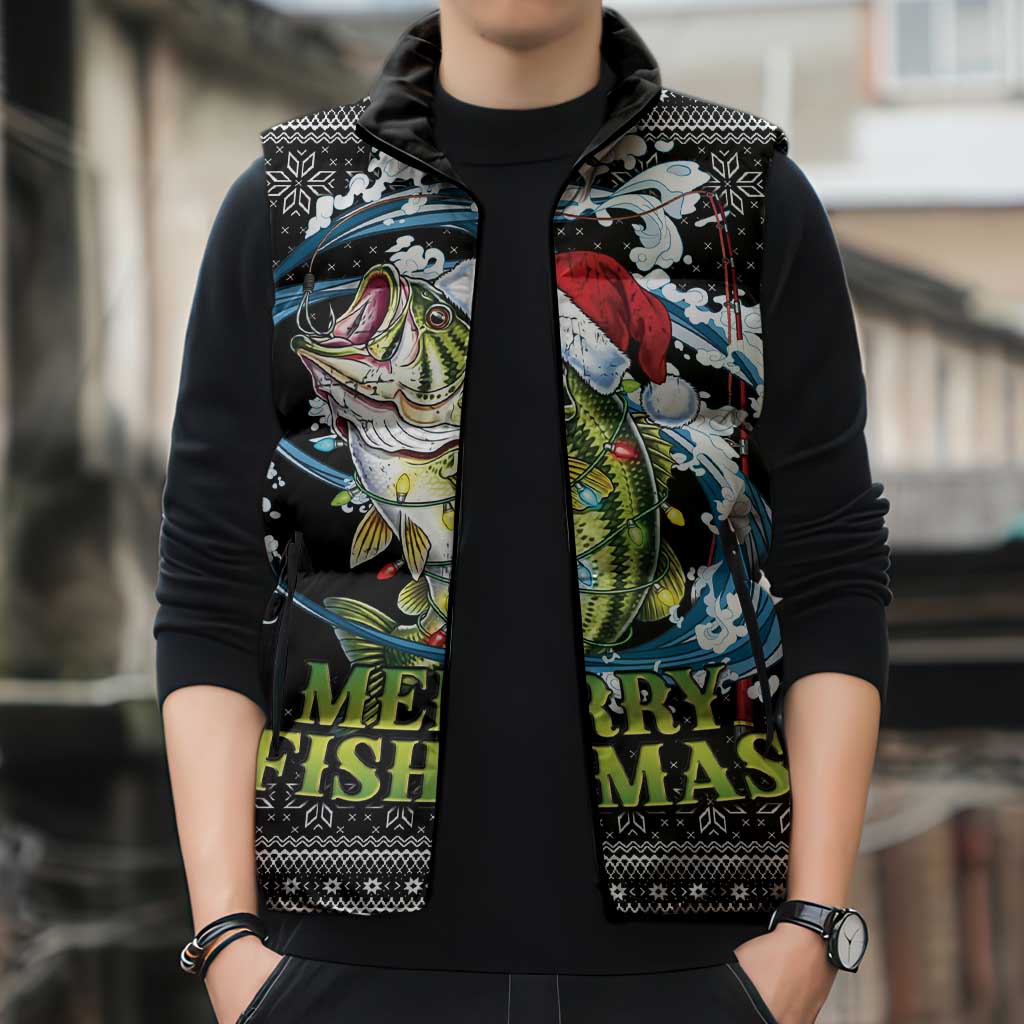 Funny Fishmas Bass Sleeveless Puffer Jacket Fish Santa Hat Christmas Vibes - Wonder Print Shop
