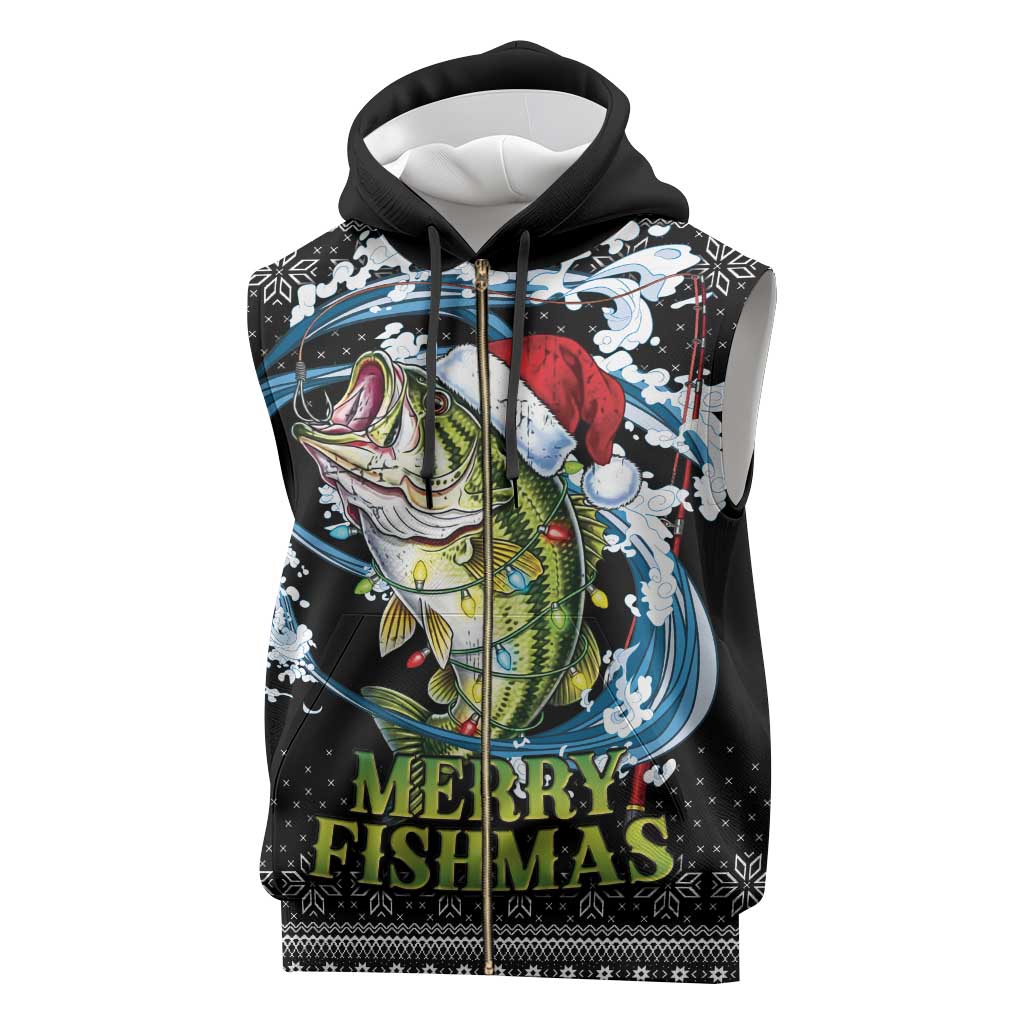 Funny Fishmas Bass Sleeveless Zip Hoodie Fish Santa Hat Christmas Vibes - Wonder Print Shop
