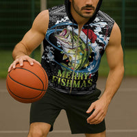 Funny Fishmas Bass Sleeveless Zip Hoodie Fish Santa Hat Christmas Vibes - Wonder Print Shop
