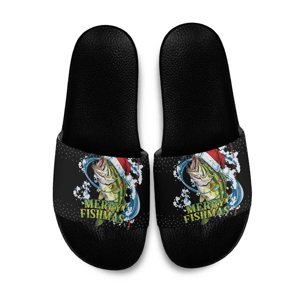 Funny Fishmas Bass Slide Sandals Fish Santa Hat Christmas Vibes - Wonder Print Shop