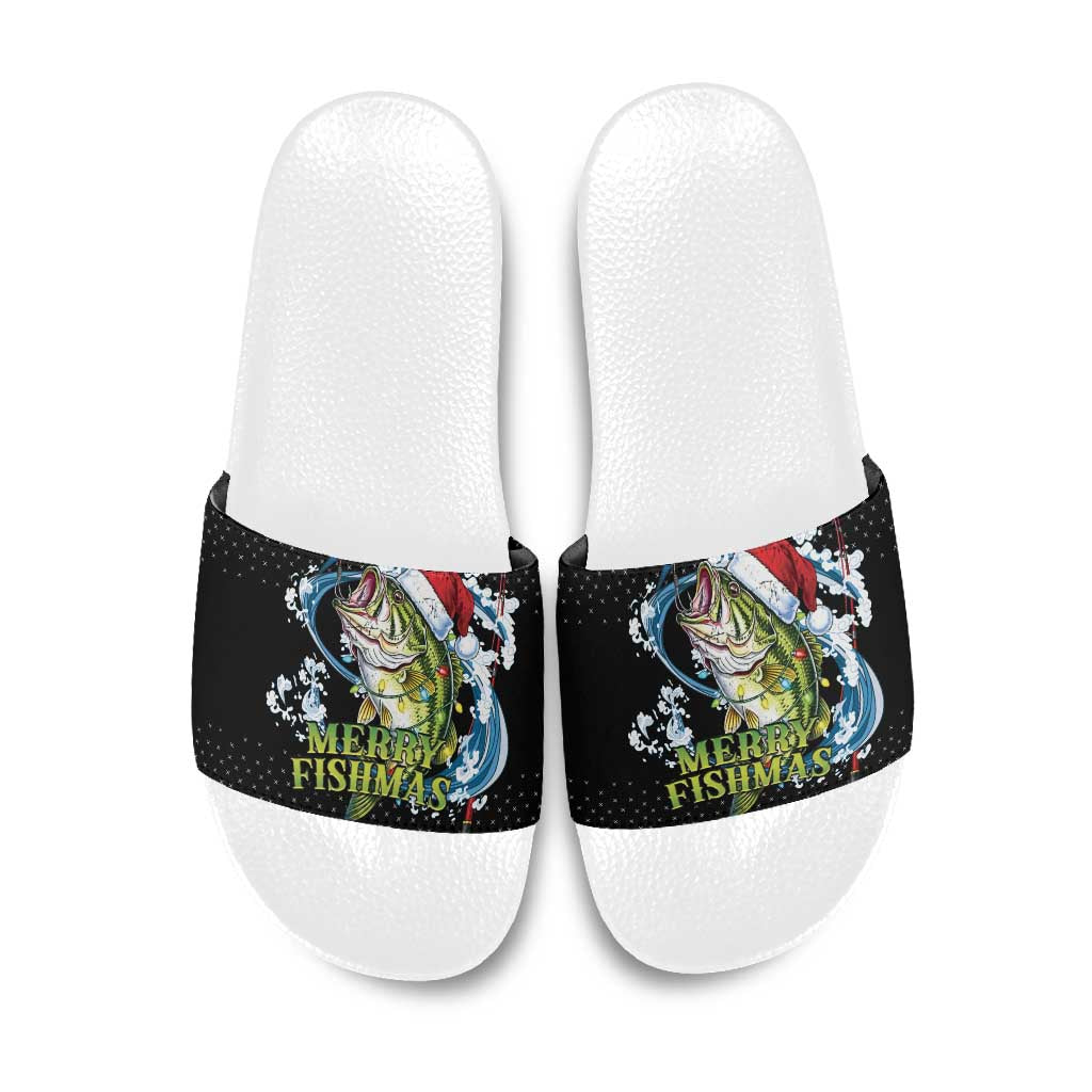 Funny Fishmas Bass Slide Sandals Fish Santa Hat Christmas Vibes - Wonder Print Shop