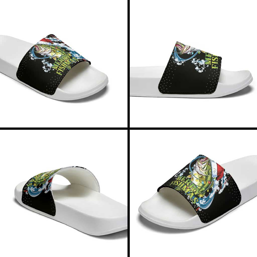 Funny Fishmas Bass Slide Sandals Fish Santa Hat Christmas Vibes - Wonder Print Shop