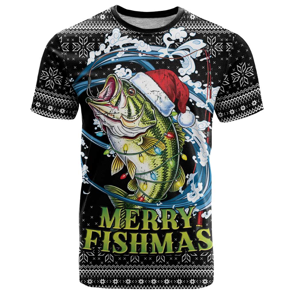 Funny Fishmas Bass T Shirt Fish Santa Hat Christmas Vibes - Wonder Print Shop