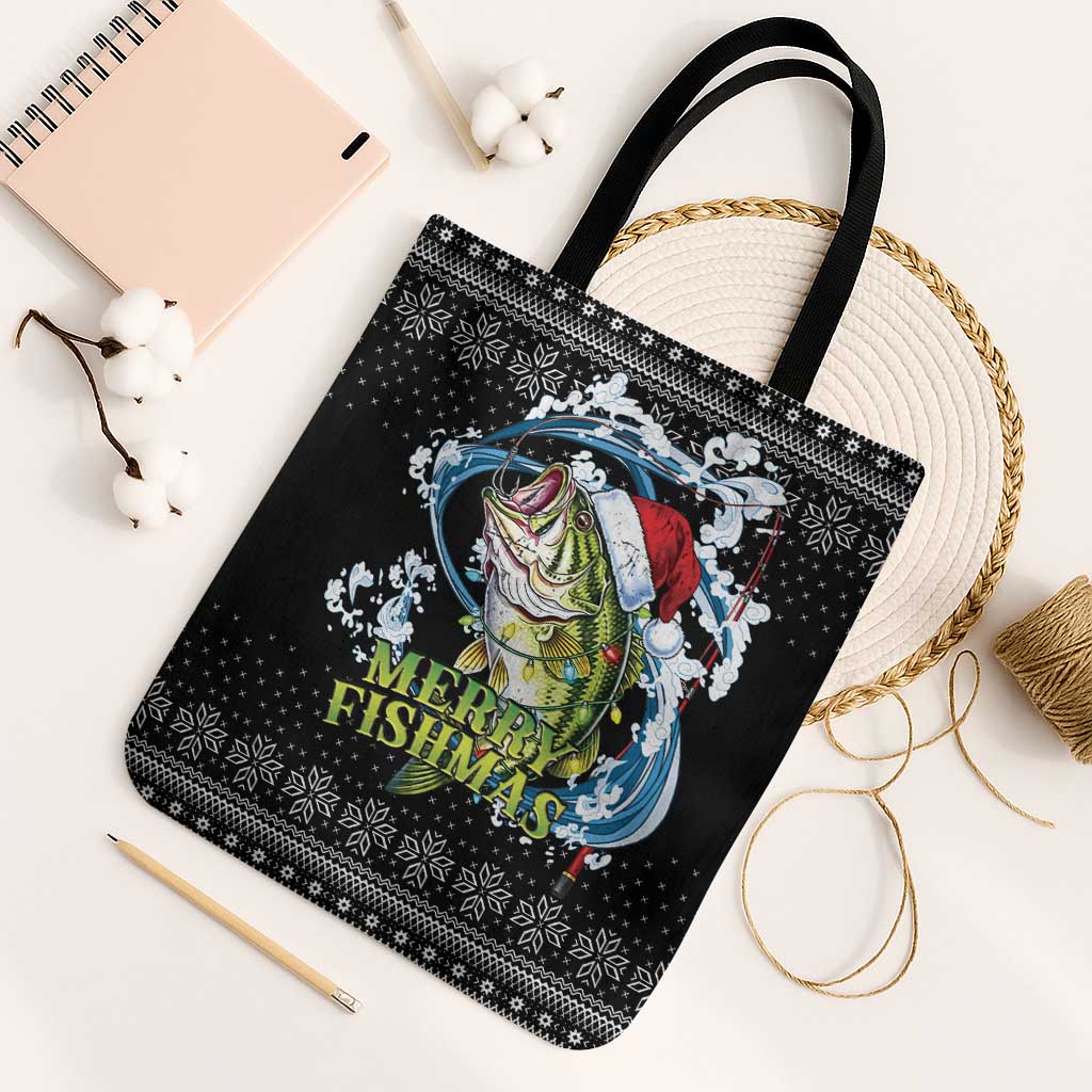 Funny Fishmas Bass Tote Bag Fish Santa Hat Christmas Vibes - Wonder Print Shop