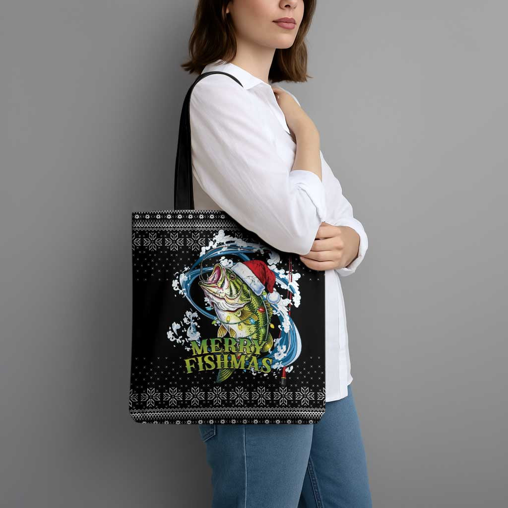 Funny Fishmas Bass Tote Bag Fish Santa Hat Christmas Vibes - Wonder Print Shop