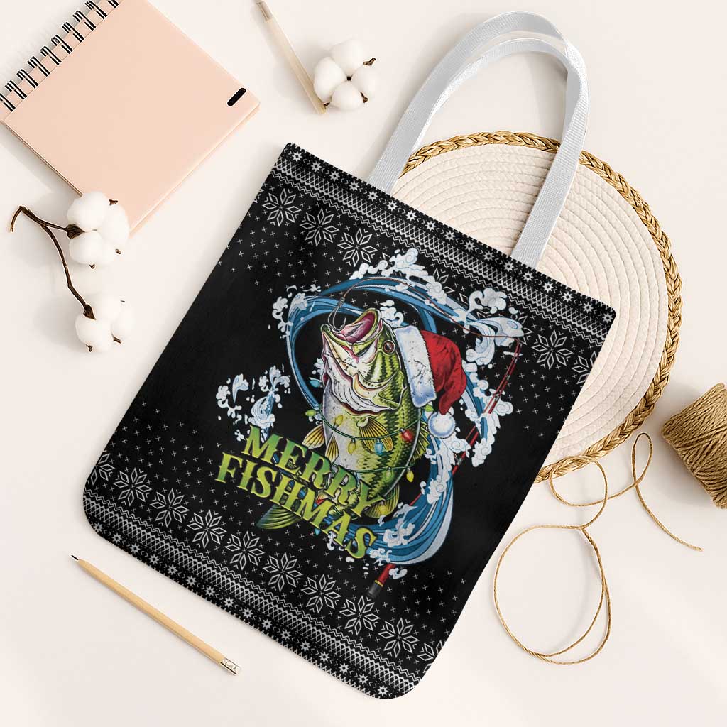 Funny Fishmas Bass Tote Bag Fish Santa Hat Christmas Vibes - Wonder Print Shop