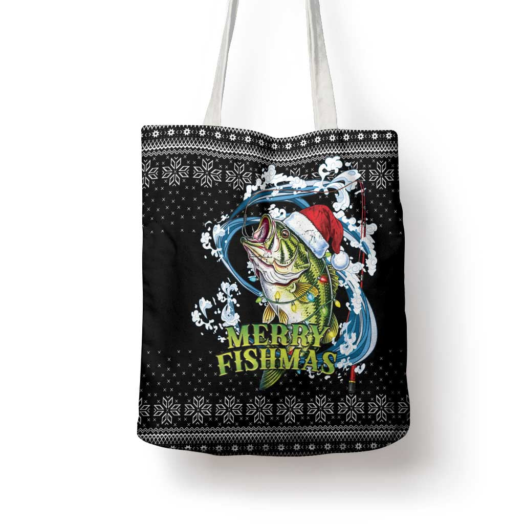 Funny Fishmas Bass Tote Bag Fish Santa Hat Christmas Vibes - Wonder Print Shop
