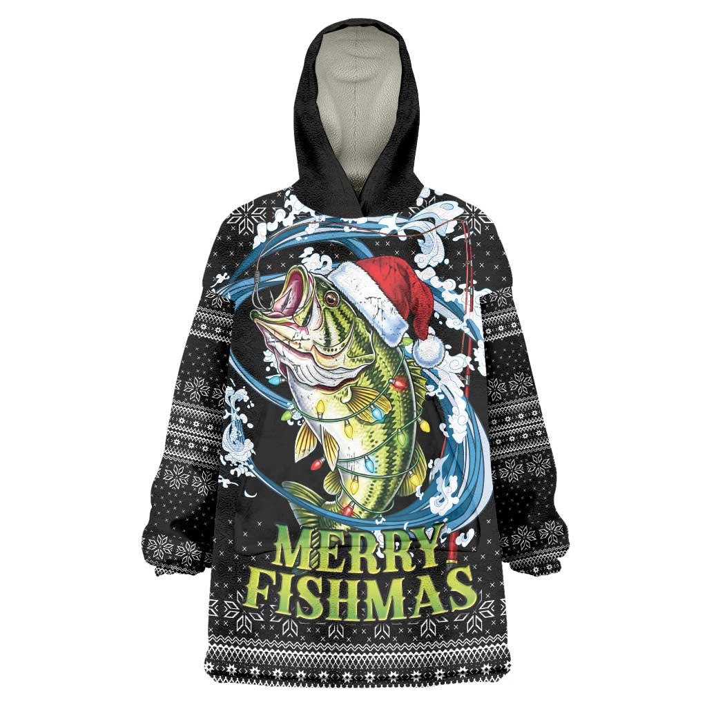 Funny Fishmas Bass Wearable Blanket Hoodie Fish Santa Hat Christmas Vibes - Wonder Print Shop