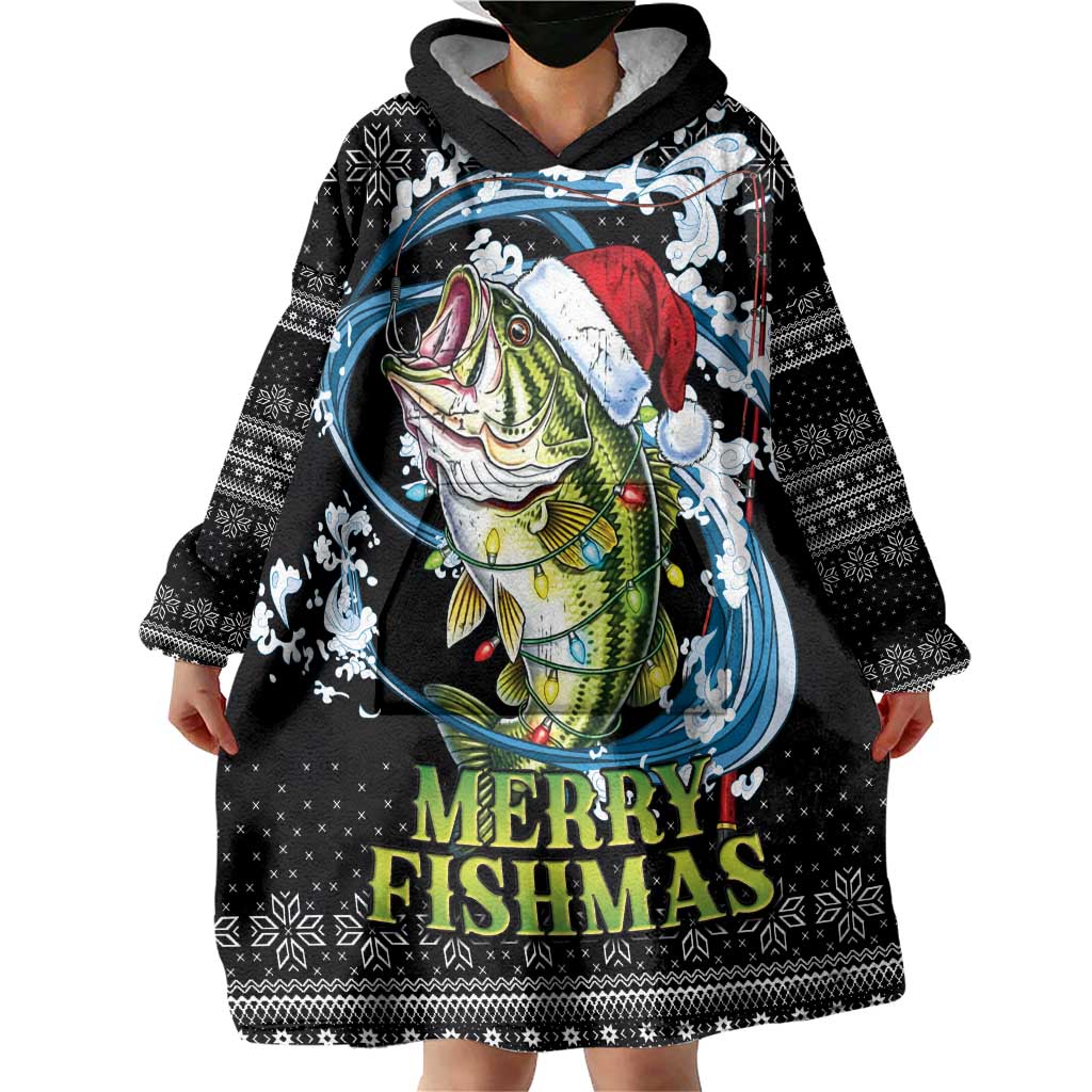 Funny Fishmas Bass Wearable Blanket Hoodie Fish Santa Hat Christmas Vibes - Wonder Print Shop