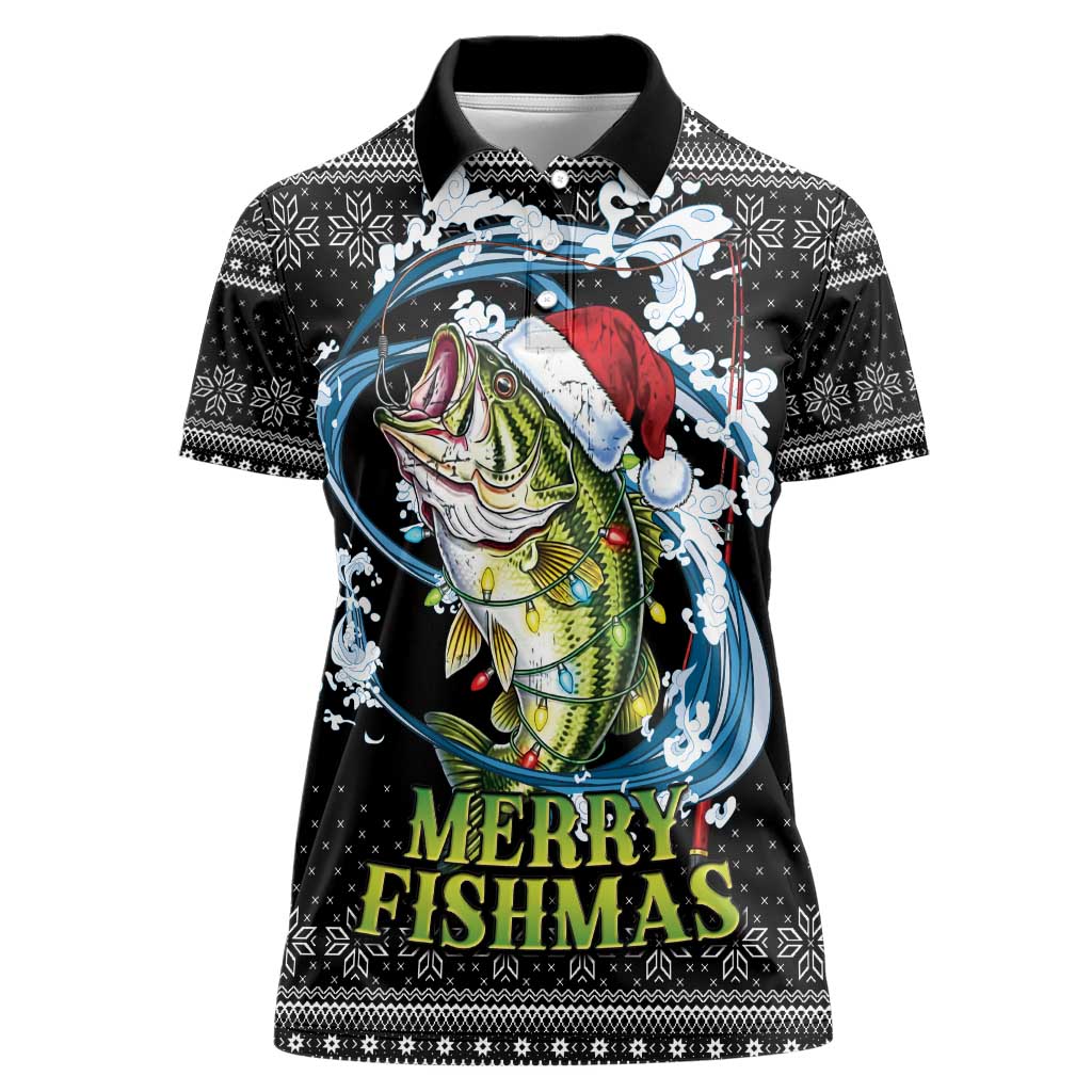Funny Fishmas Bass Women Polo Shirt Fish Santa Hat Christmas Vibes - Wonder Print Shop