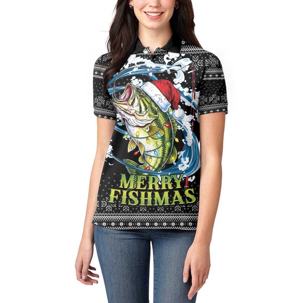 Funny Fishmas Bass Women Polo Shirt Fish Santa Hat Christmas Vibes - Wonder Print Shop