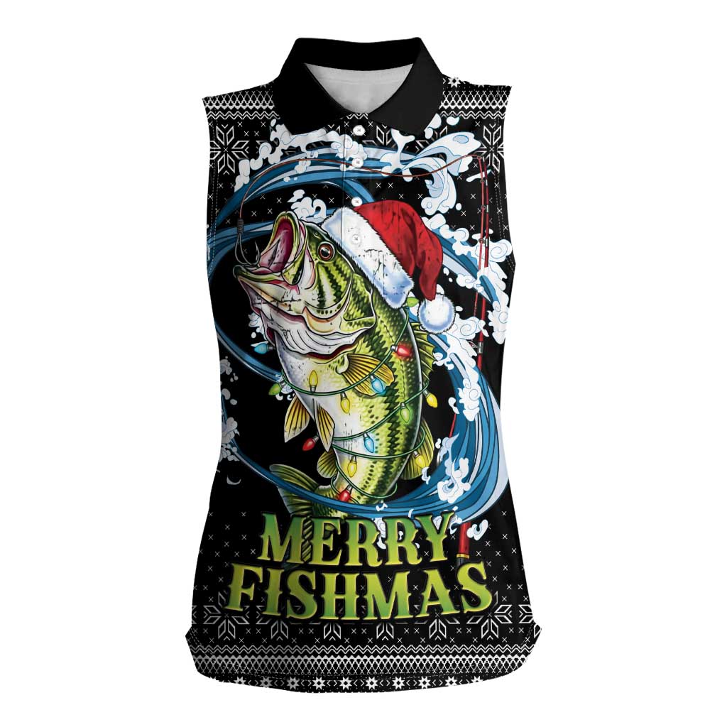 Funny Fishmas Bass Women Sleeveless Polo Shirt Fish Santa Hat Christmas Vibes - Wonder Print Shop