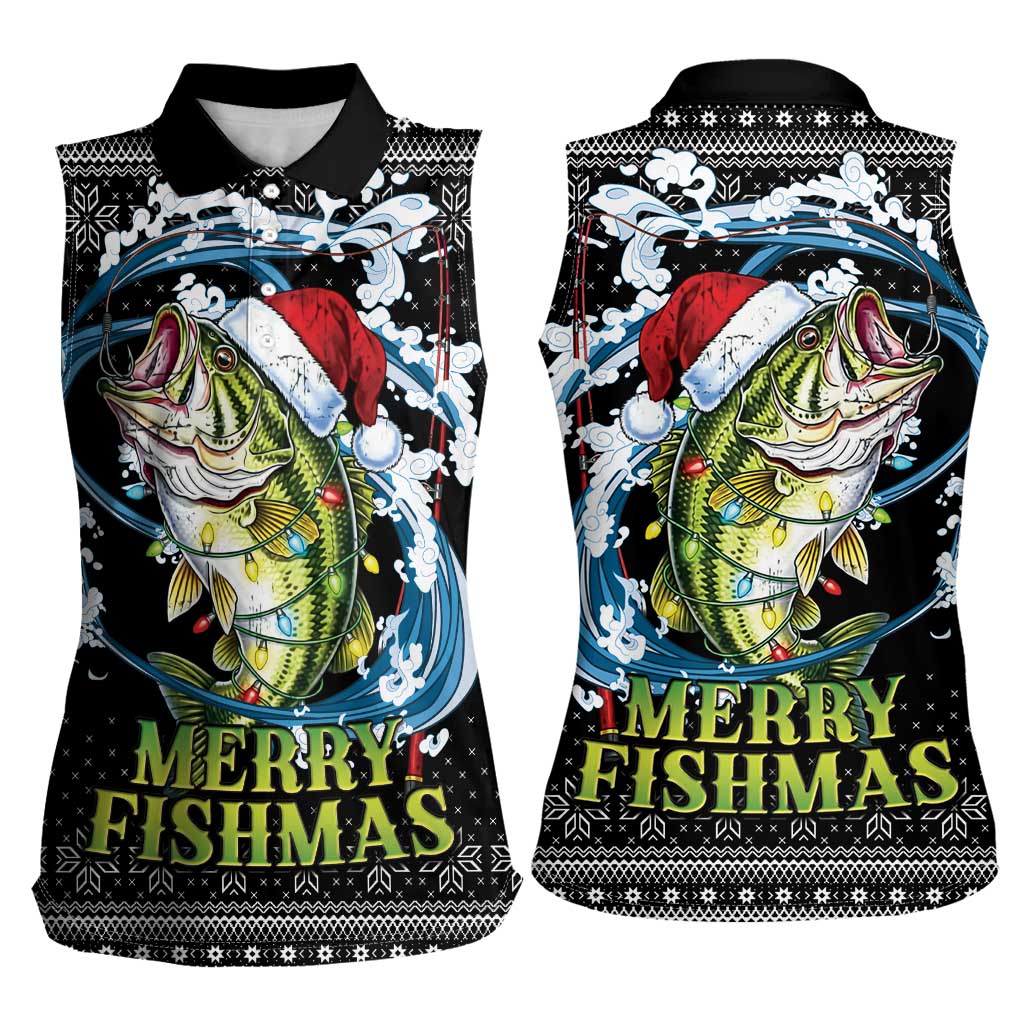Funny Fishmas Bass Women Sleeveless Polo Shirt Fish Santa Hat Christmas Vibes - Wonder Print Shop