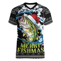 Funny Fishmas Bass Women V-Neck T-Shirt Fish Santa Hat Christmas Vibes - Wonder Print Shop