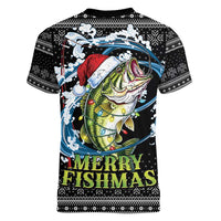 Funny Fishmas Bass Women V-Neck T-Shirt Fish Santa Hat Christmas Vibes - Wonder Print Shop