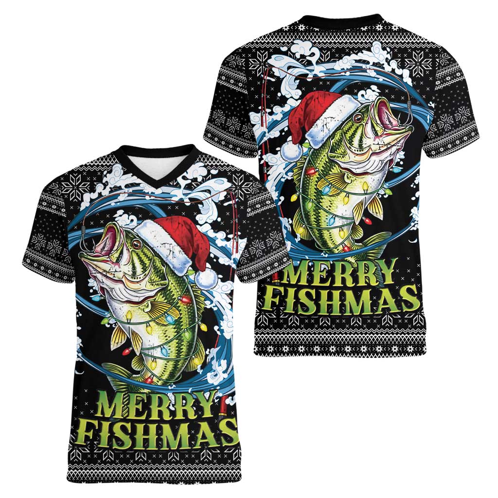 Funny Fishmas Bass Women V-Neck T-Shirt Fish Santa Hat Christmas Vibes - Wonder Print Shop