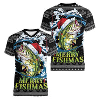 Funny Fishmas Bass Women V-Neck T-Shirt Fish Santa Hat Christmas Vibes - Wonder Print Shop