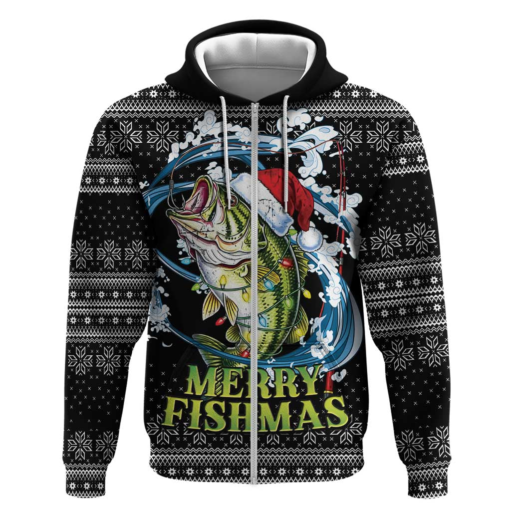 Funny Fishmas Bass Zip Hoodie Fish Santa Hat Christmas Vibes - Wonder Print Shop
