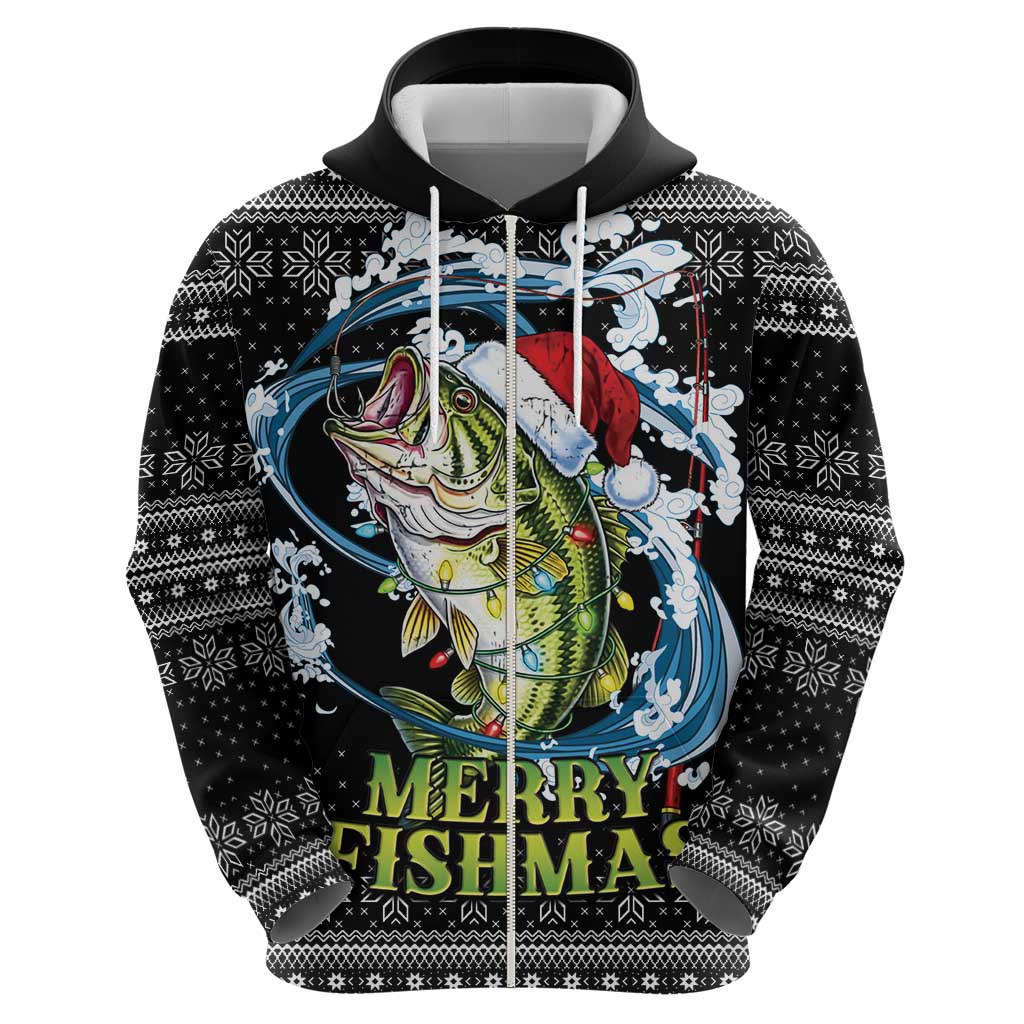 Funny Fishmas Bass Zip Hoodie Fish Santa Hat Christmas Vibes - Wonder Print Shop