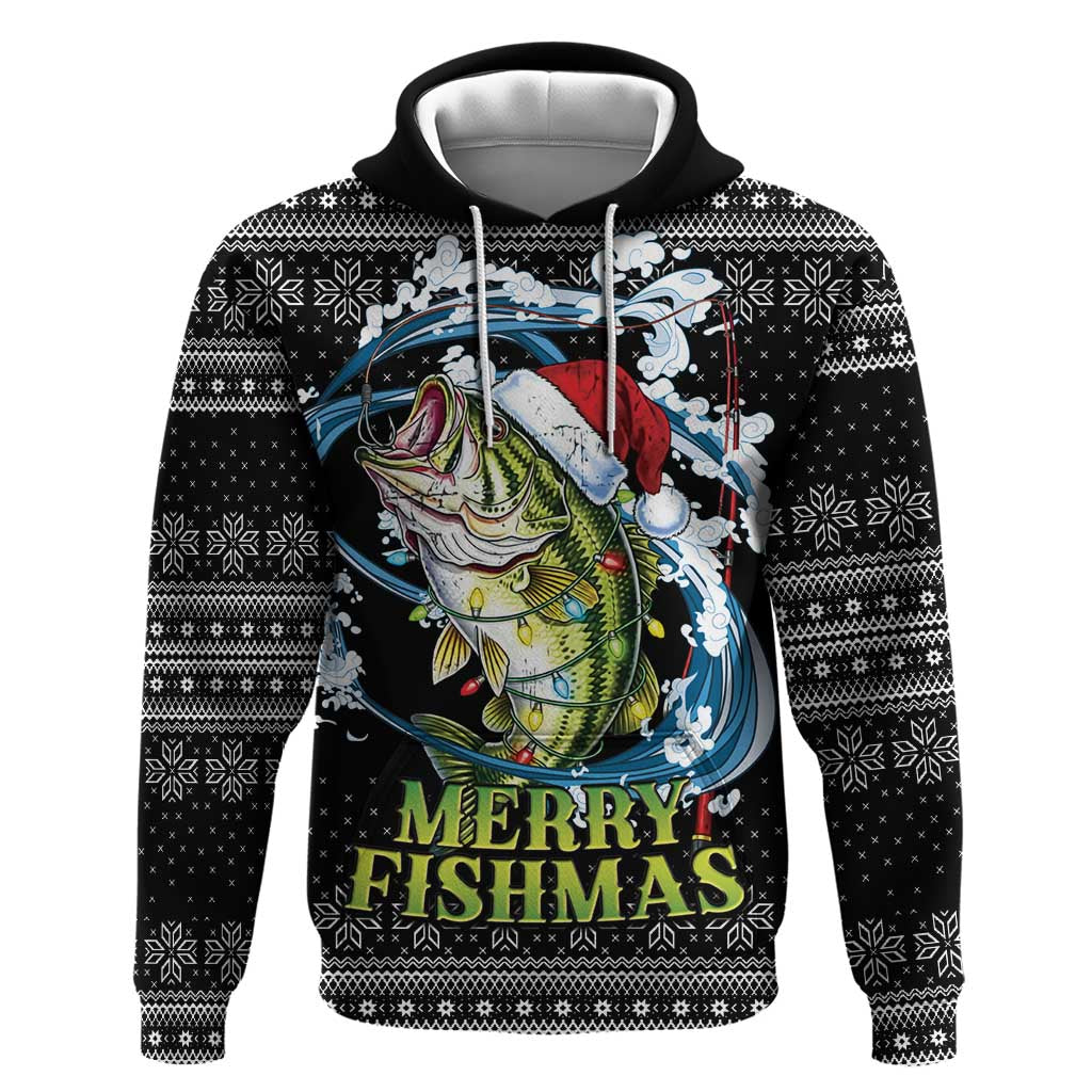 Funny Fishmas Bass Zip Hoodie Fish Santa Hat Christmas Vibes - Wonder Print Shop