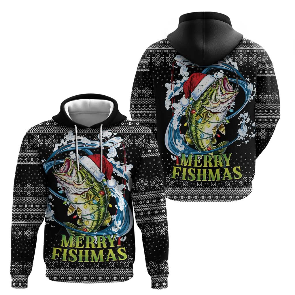 Funny Fishmas Bass Zip Hoodie Fish Santa Hat Christmas Vibes - Wonder Print Shop