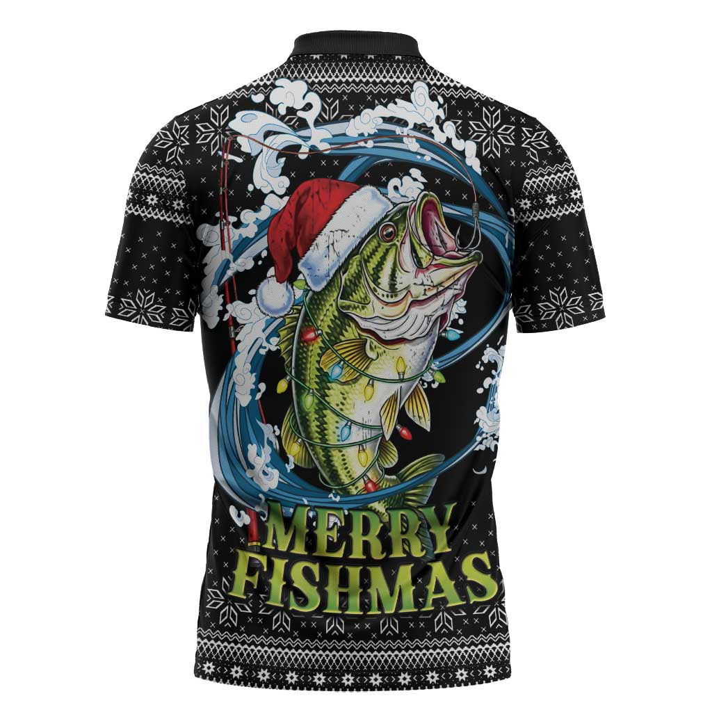 Funny Fishmas Bass Zipper Polo Shirt Fish Santa Hat Christmas Vibes - Wonder Print Shop