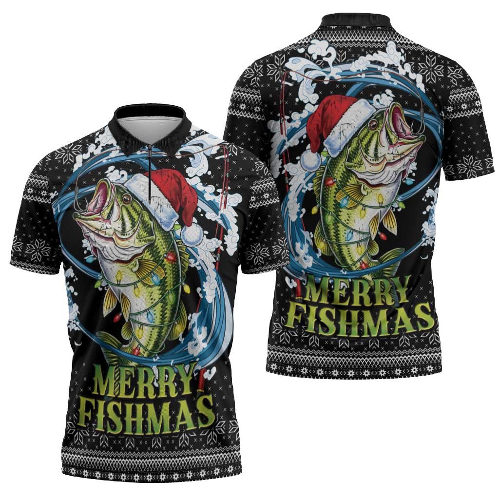 Funny Fishmas Bass Zipper Polo Shirt Fish Santa Hat Christmas Vibes - Wonder Print Shop