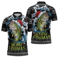 Funny Fishmas Bass Zipper Polo Shirt Fish Santa Hat Christmas Vibes - Wonder Print Shop