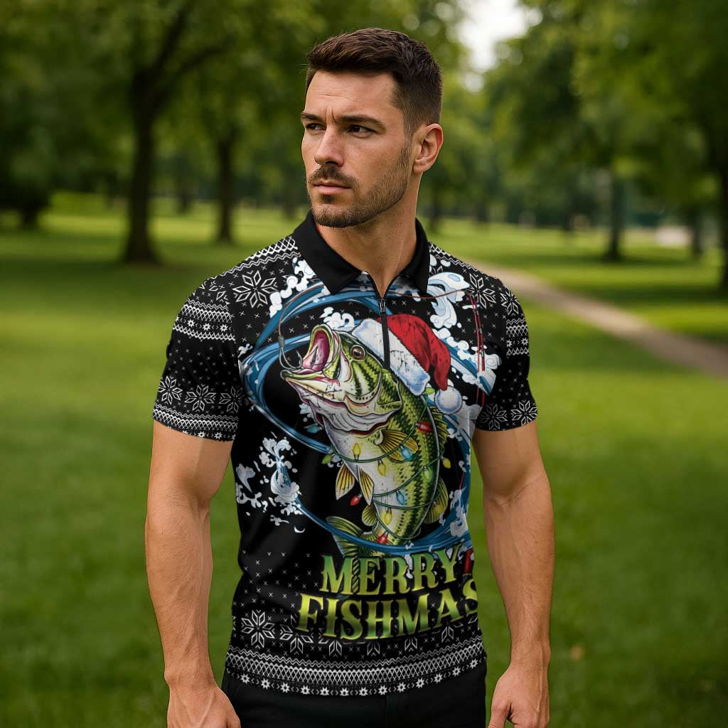 Funny Fishmas Bass Zipper Polo Shirt Fish Santa Hat Christmas Vibes - Wonder Print Shop