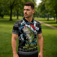 Funny Fishmas Bass Zipper Polo Shirt Fish Santa Hat Christmas Vibes - Wonder Print Shop