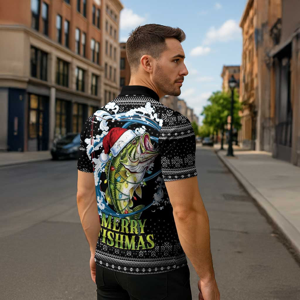Funny Fishmas Bass Zipper Polo Shirt Fish Santa Hat Christmas Vibes - Wonder Print Shop