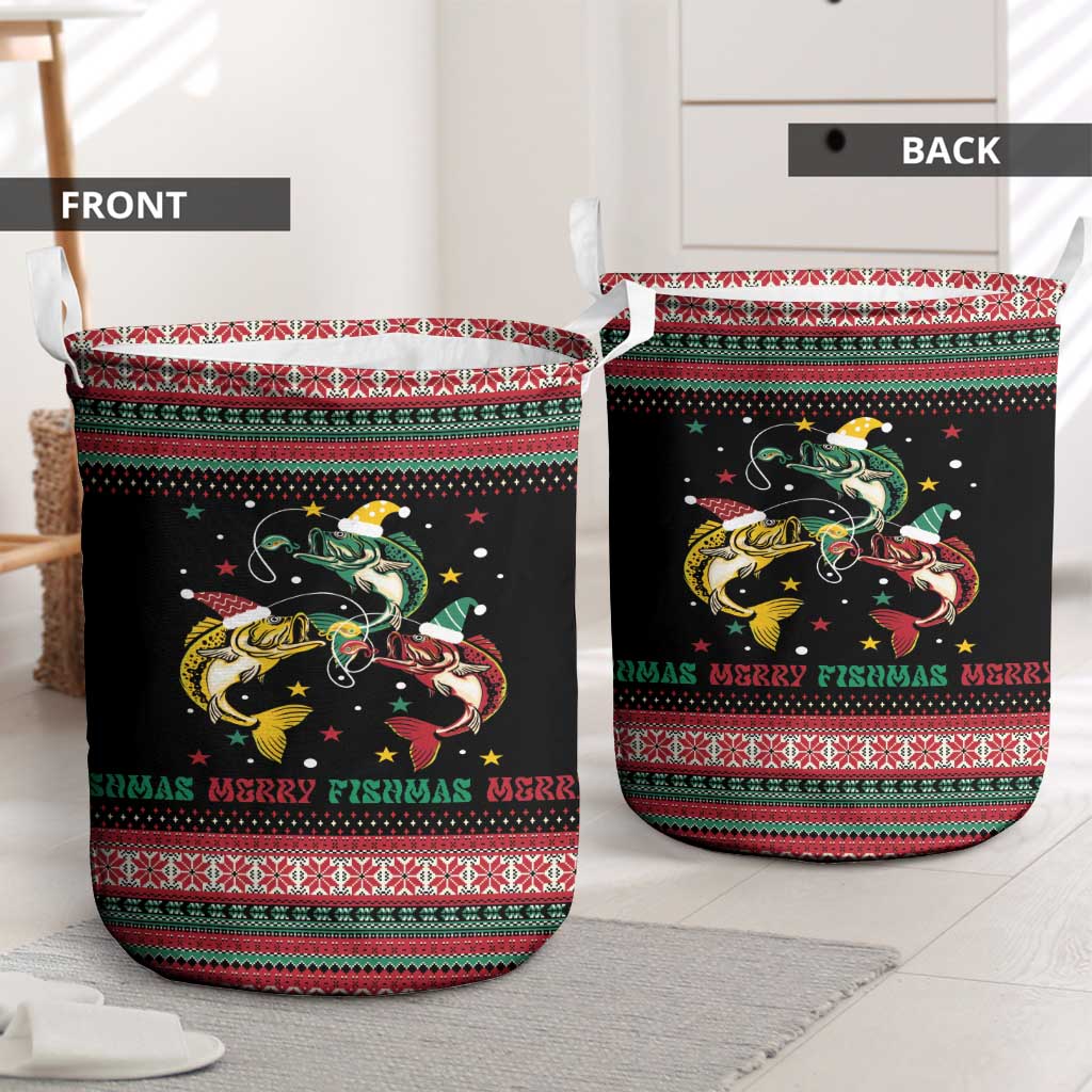 Funny Fishmas Bass Laundry Basket Christmas Santa Hat Lights - Wonder Print Shop