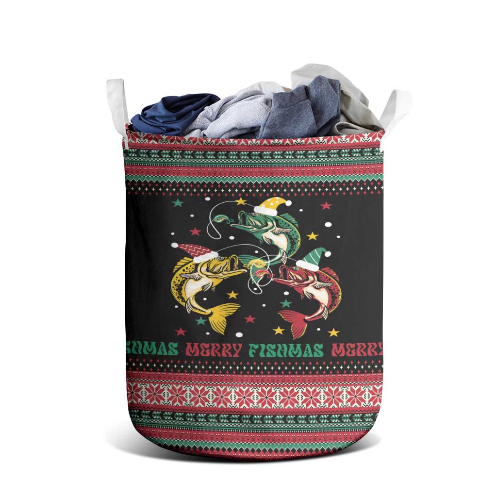Funny Fishmas Bass Laundry Basket Christmas Santa Hat Lights - Wonder Print Shop