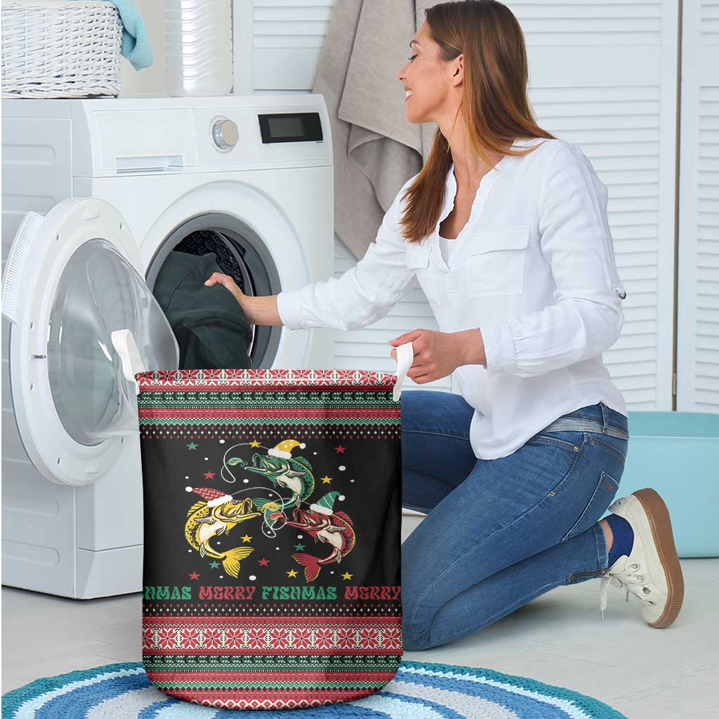 Funny Fishmas Bass Laundry Basket Christmas Santa Hat Lights - Wonder Print Shop