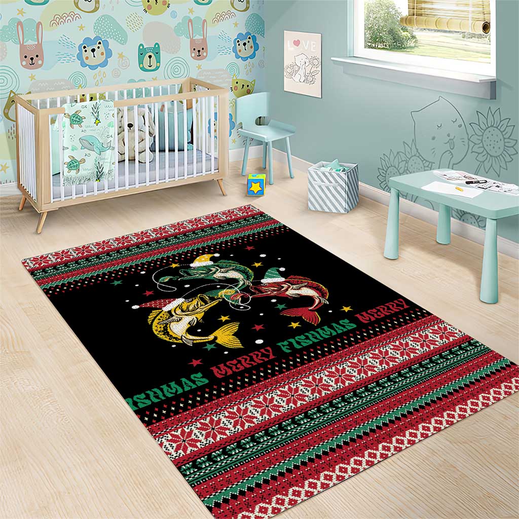 Funny Fishmas Bass Area Rug Christmas Santa Hat Lights - Wonder Print Shop