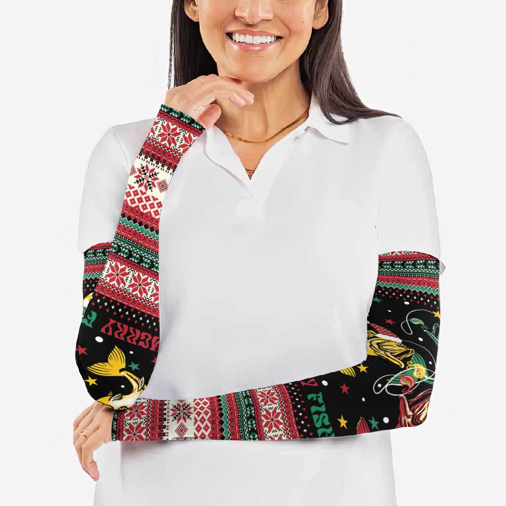 Funny Fishmas Bass Arm Sleeves Christmas Santa Hat Lights - Wonder Print Shop