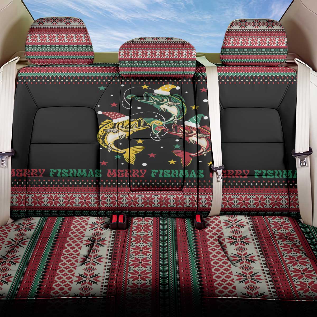 Funny Fishmas Bass Back Car Seat Cover Christmas Santa Hat Lights - Wonder Print Shop