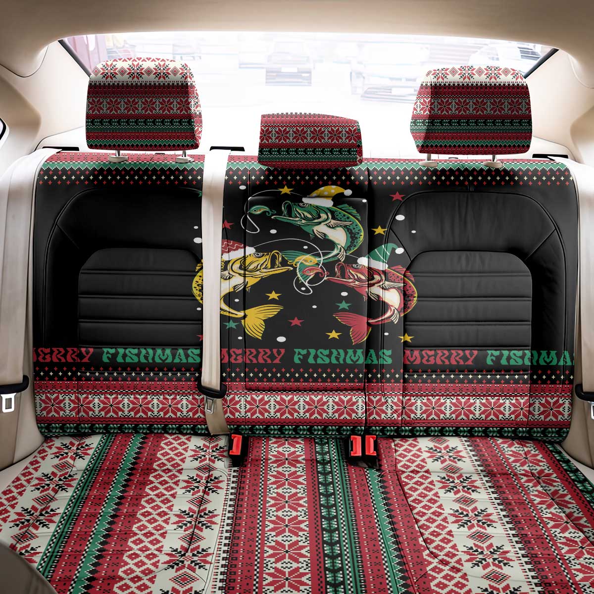 Funny Fishmas Bass Back Car Seat Cover Christmas Santa Hat Lights - Wonder Print Shop