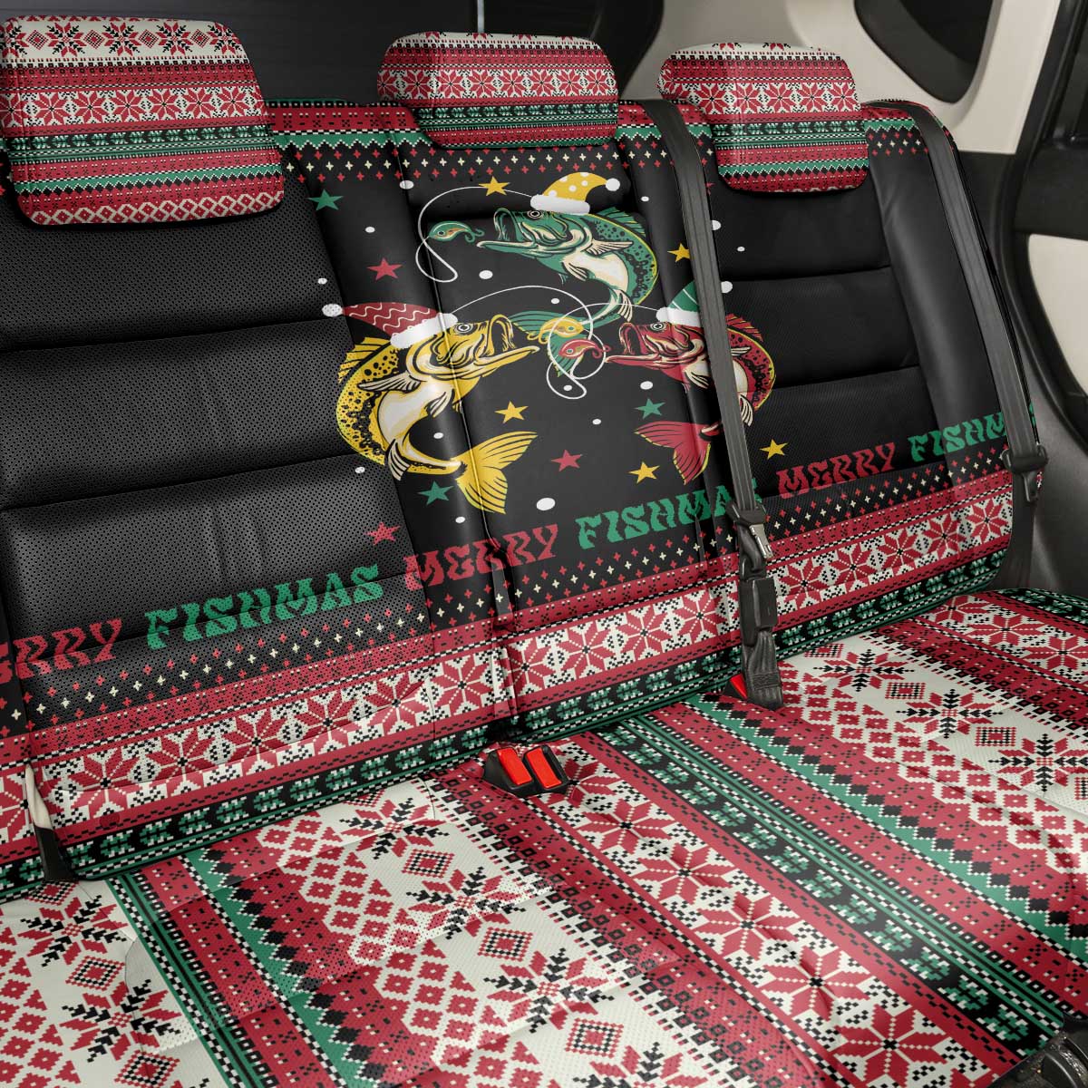 Funny Fishmas Bass Back Car Seat Cover Christmas Santa Hat Lights - Wonder Print Shop