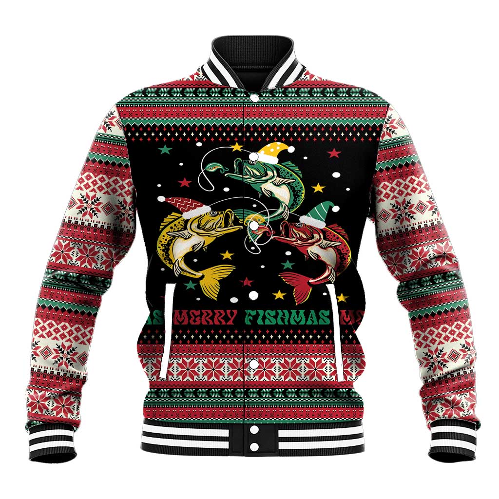 Funny Fishmas Bass Baseball Jacket Christmas Santa Hat Lights - Wonder Print Shop