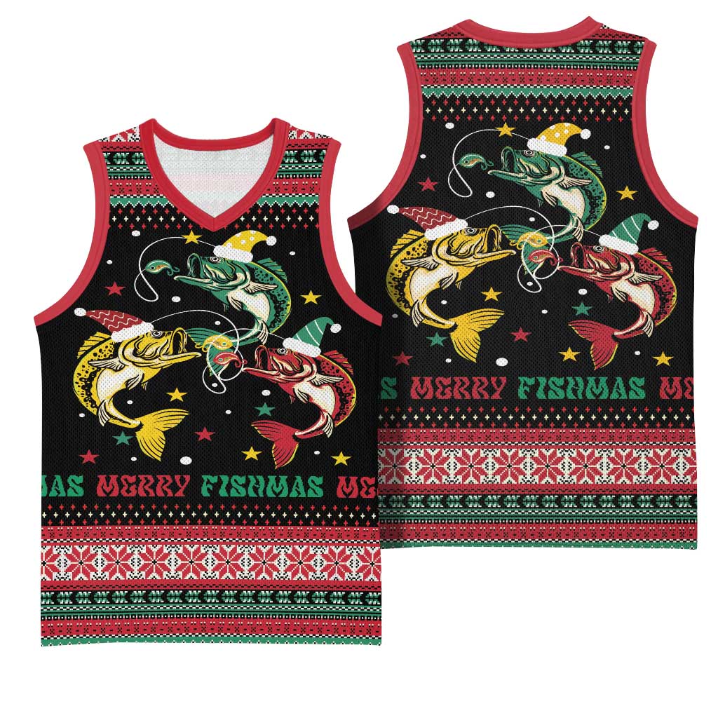 Funny Fishmas Bass Basketball Jersey Christmas Santa Hat Lights - Wonder Print Shop