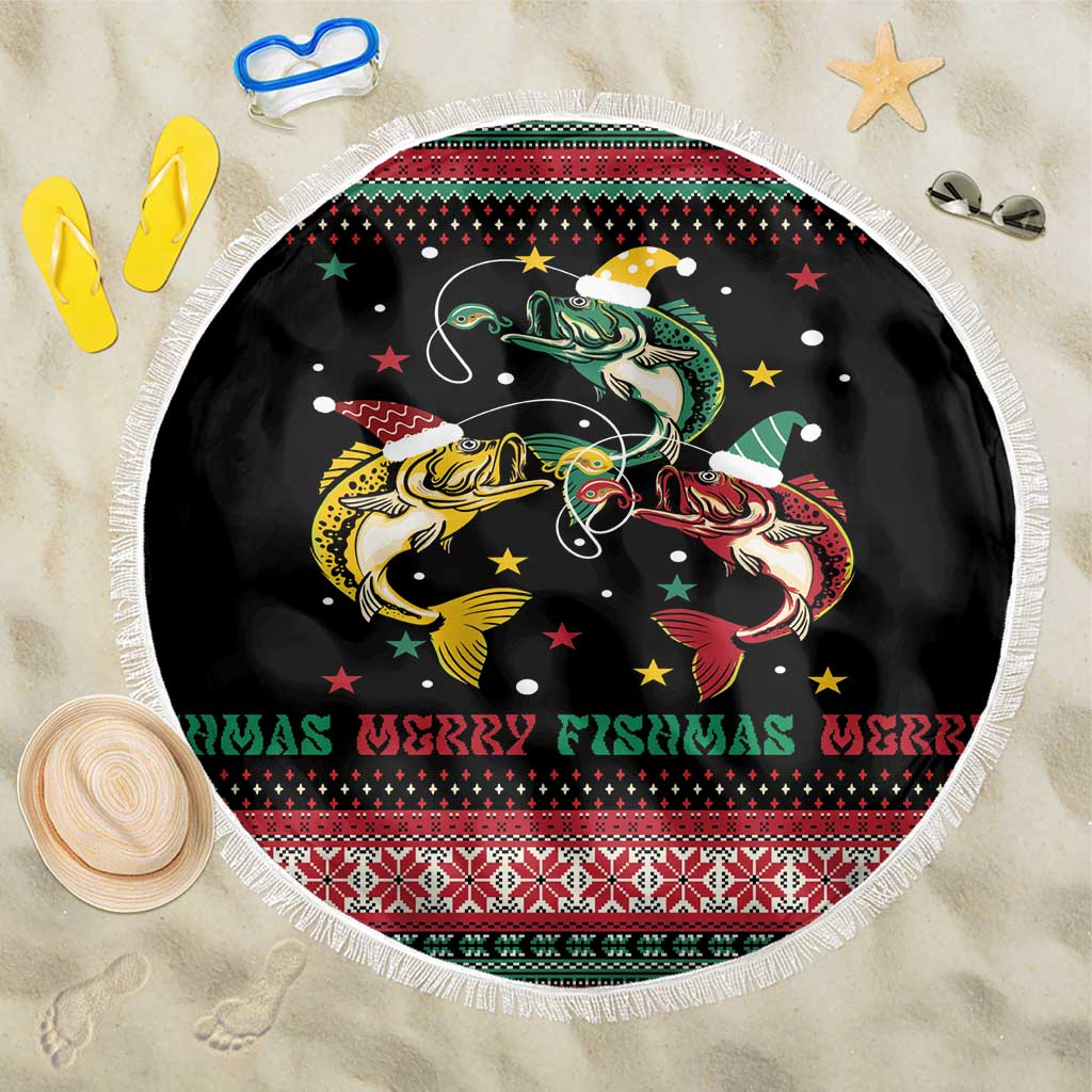 Funny Fishmas Bass Beach Blanket Christmas Santa Hat Lights - Wonder Print Shop