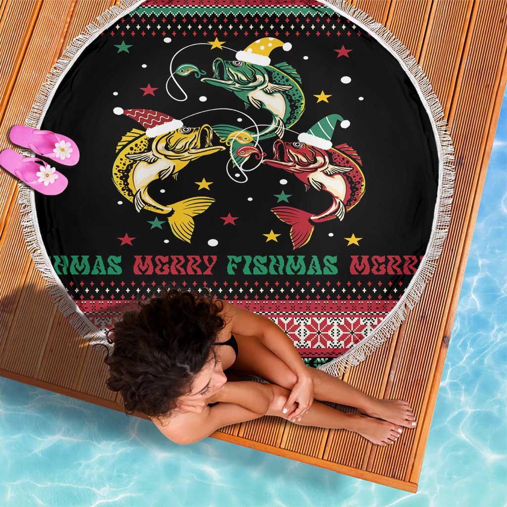 Funny Fishmas Bass Beach Blanket Christmas Santa Hat Lights - Wonder Print Shop