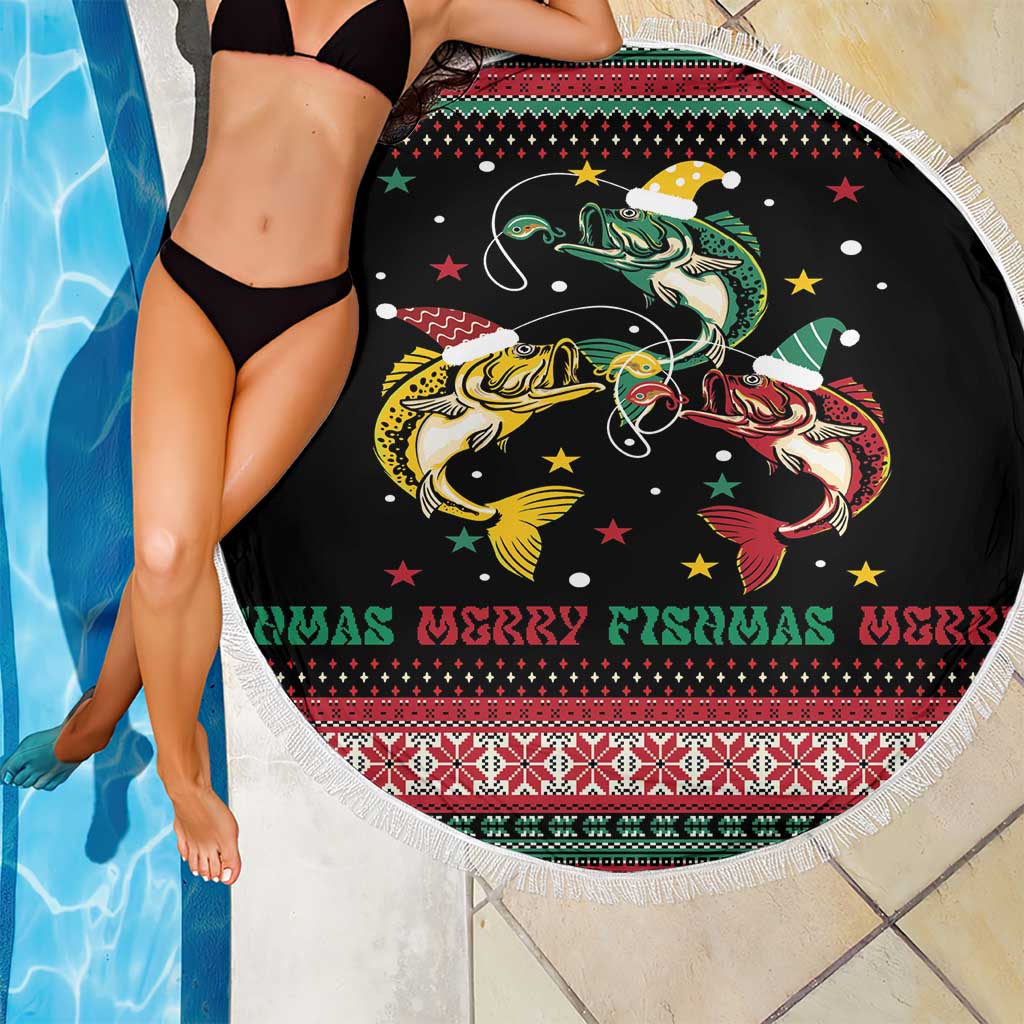 Funny Fishmas Bass Beach Blanket Christmas Santa Hat Lights - Wonder Print Shop