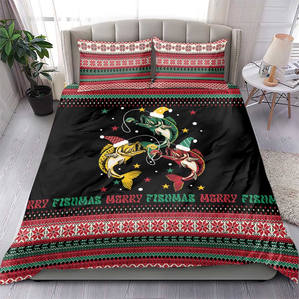 Funny Fishmas Bass Bedding Set Christmas Santa Hat Lights - Wonder Print Shop